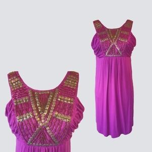 Vintage Studded Ruched Sleeveless Dress in Bronze Gold, Fuschia Purple,…